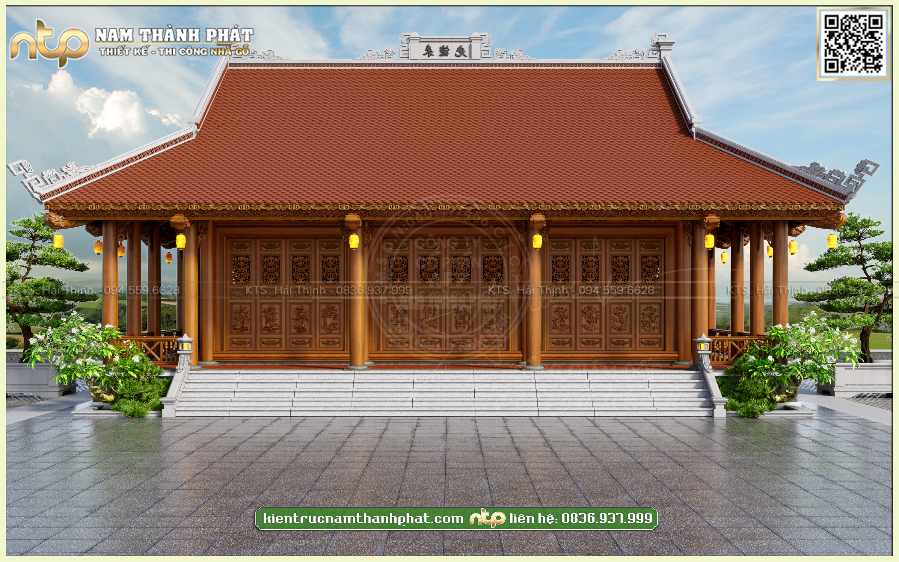 Mẫu thiết kế từ đường 3 gian 4 mái hiên chạy xung quanh kích thước 12,1m x 8,7m | Kiến Trúc Nam Thành Phát