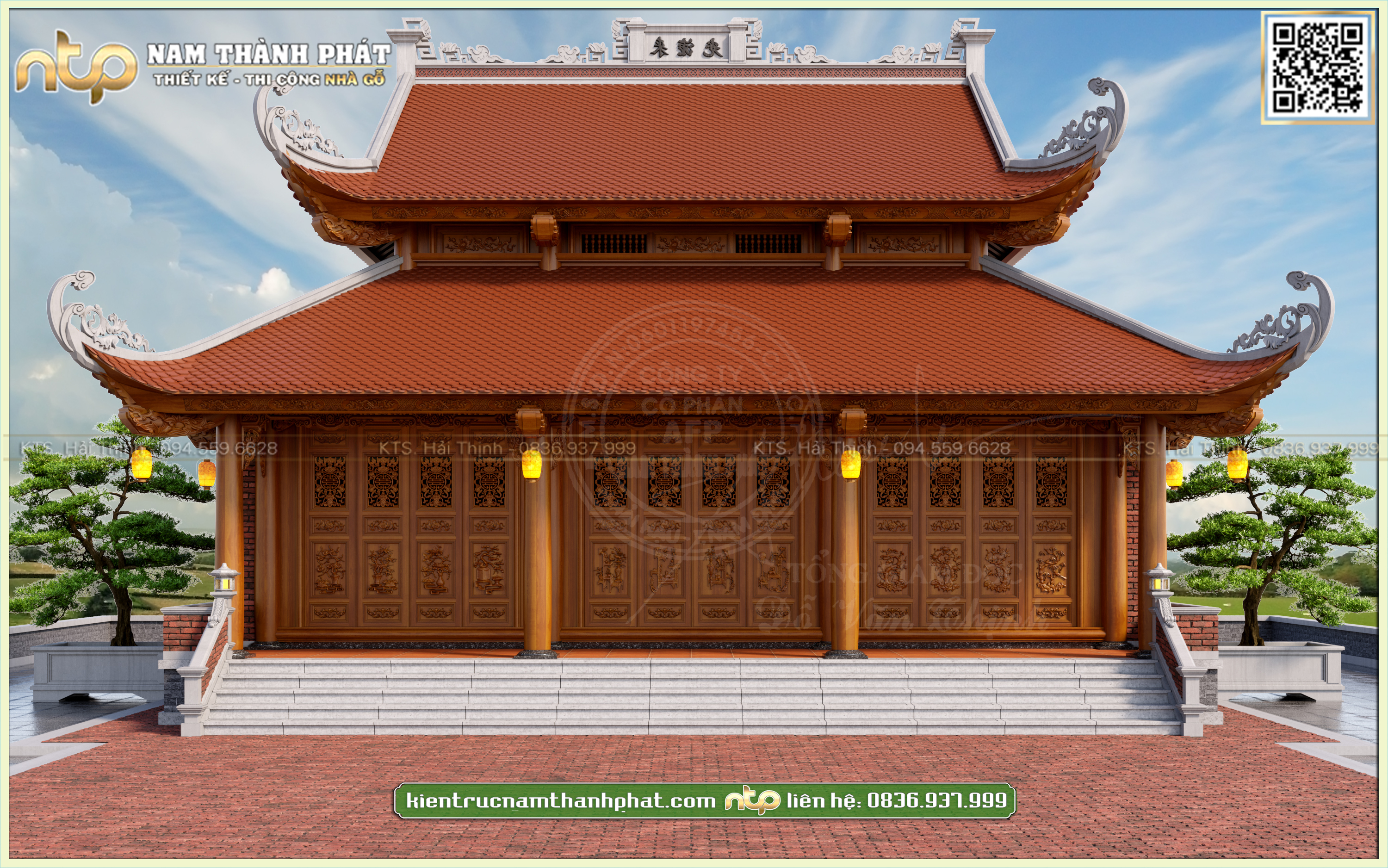 Nhà gỗ 3 gian chồng diêm 8 mái đao đẹp vì đốc xây tường | Kiến Trúc Nam Thành Phát