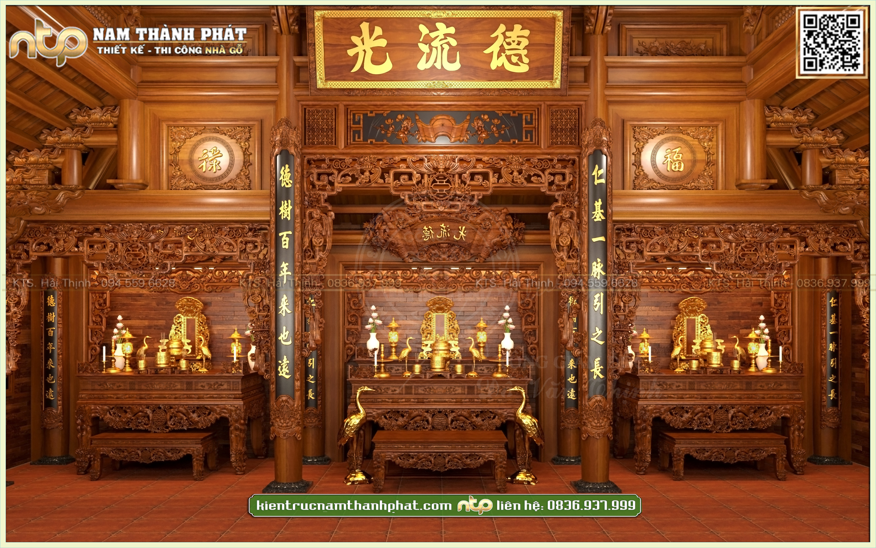 Mẫu thiết kế nội thất từ đường 3 gian mái chồng diêm siêu đẹp của đại gia Cần Thơ 