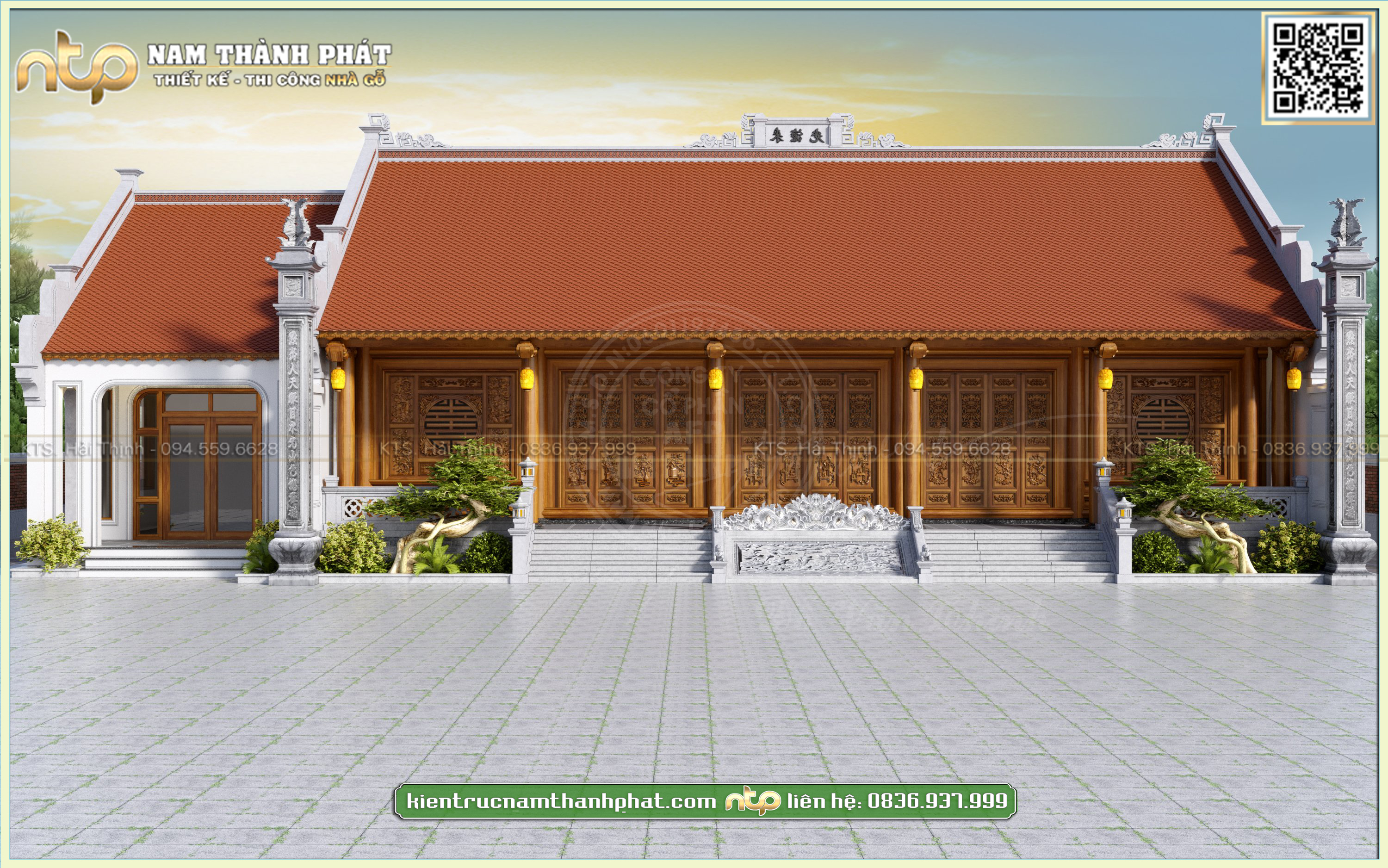 Mẫu thiết kế nhà gỗ 5 gian thông hiên kết hợp nhà ngang liền kề - Gỗ Lim Lào tại Hà Nội