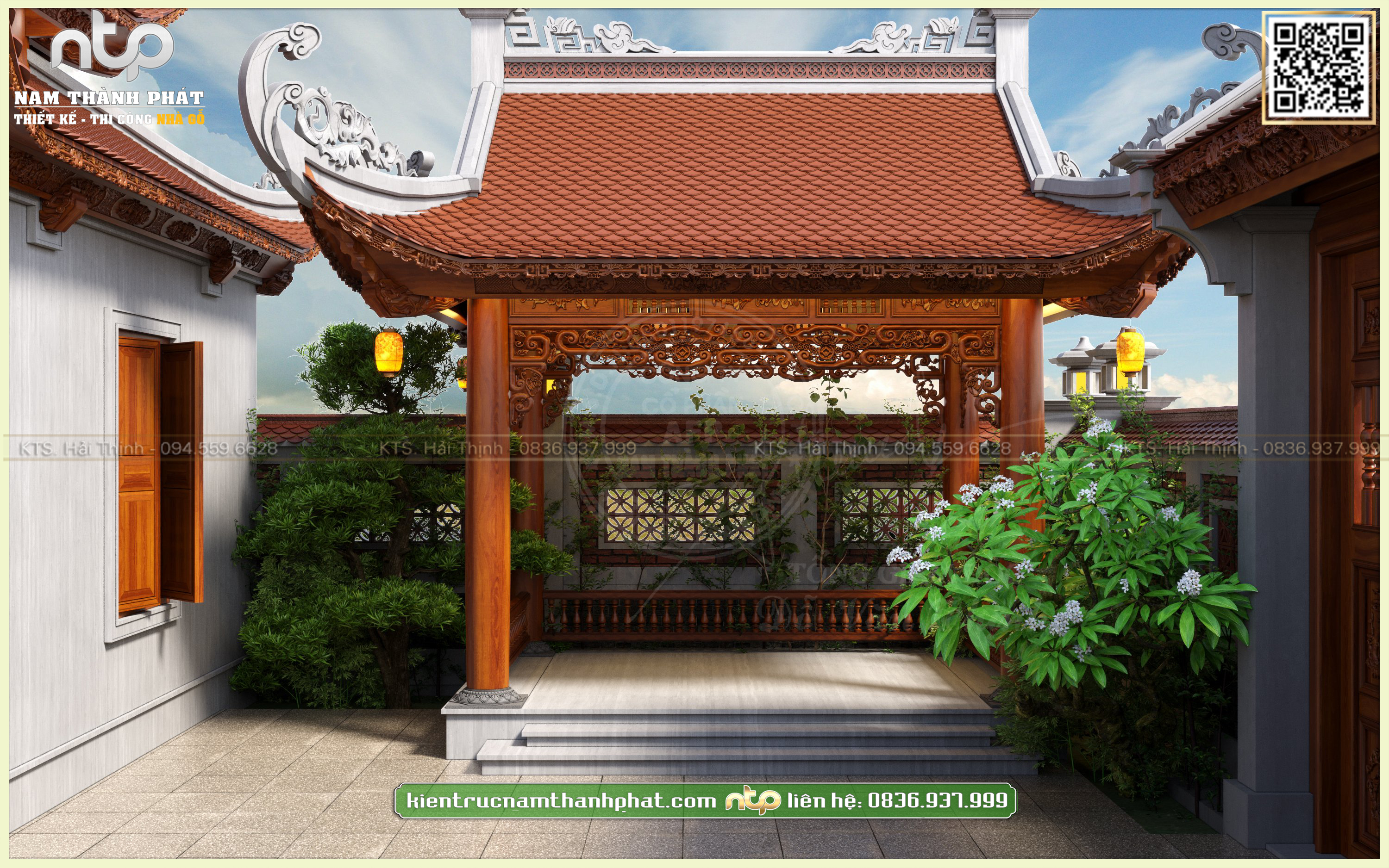 Thiết Kế Lầu Tứ Giác Trong Khuôn Viên Nhà Thờ Gỗ 3 Gian 4 Mái