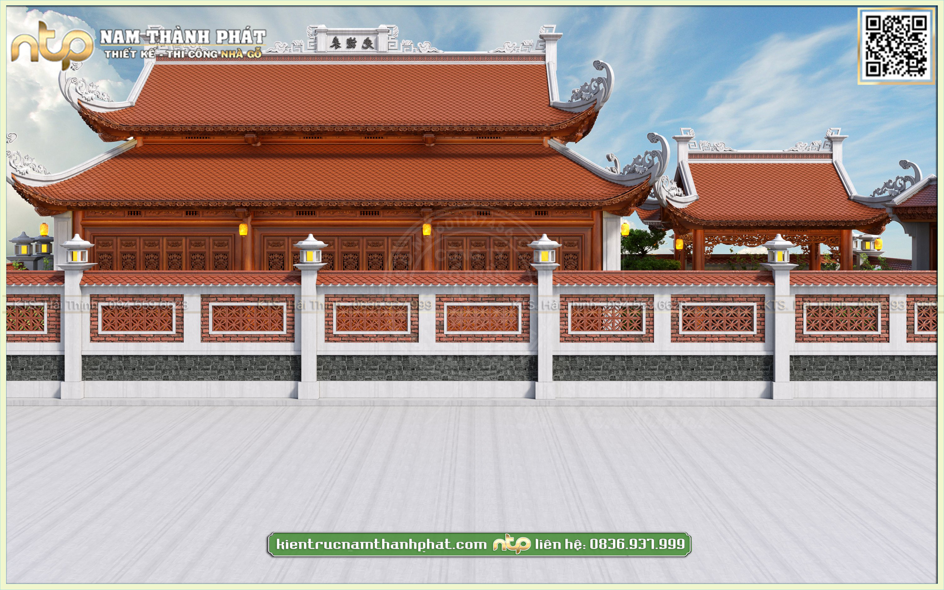 Thiết kế nhà thờ họ 3 gian 8 mái đao uy nghiêm kết hợp chòi gỗ sân vườn đẹp | Nam Thành Phát 
