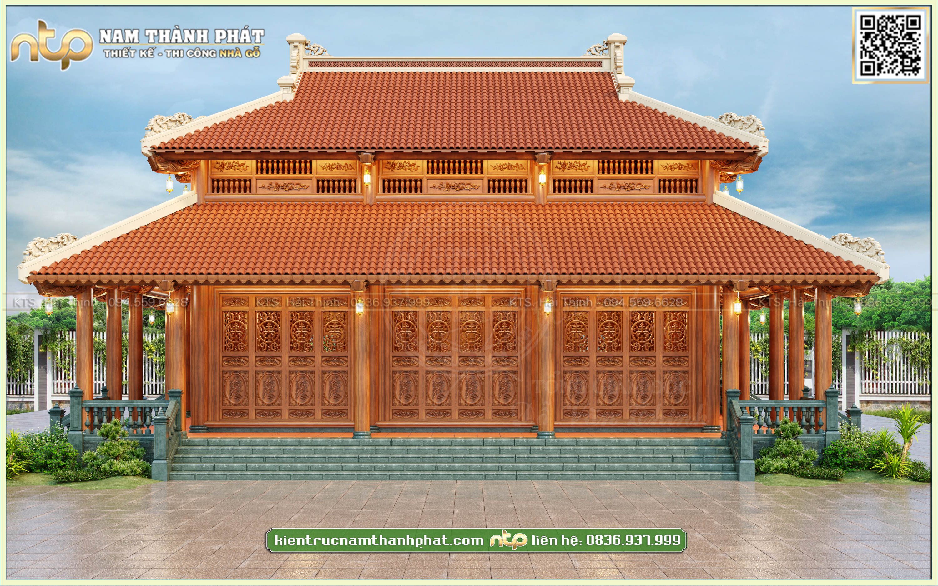 Từ đường 3 gian 8 mái kích thước 16m* 11m gỗ Lim Nam Phi 