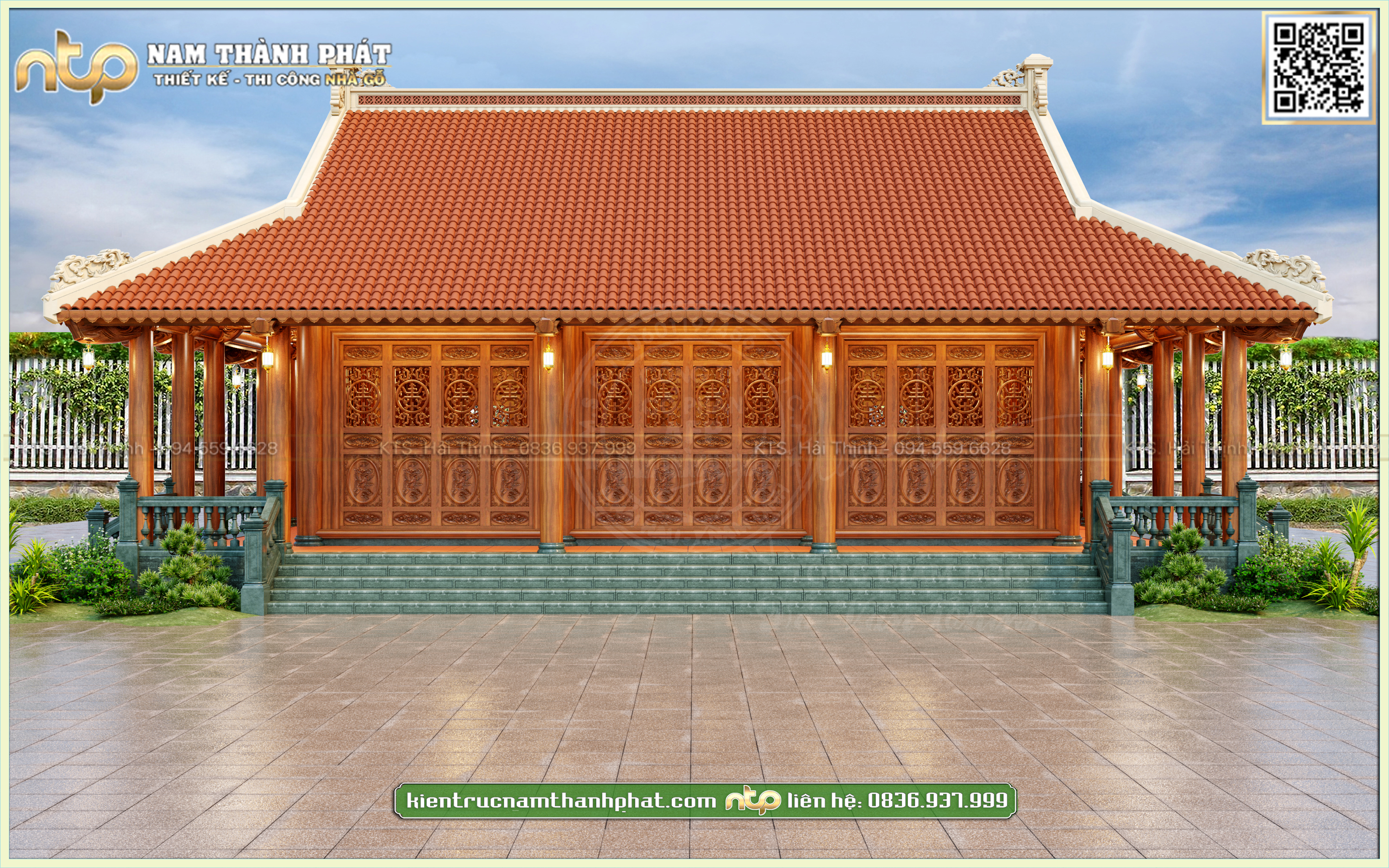 Mẫu nhà gỗ 3 gian 4 mái sử dụng ngói lưu ly đẹp tại Đồng Nai