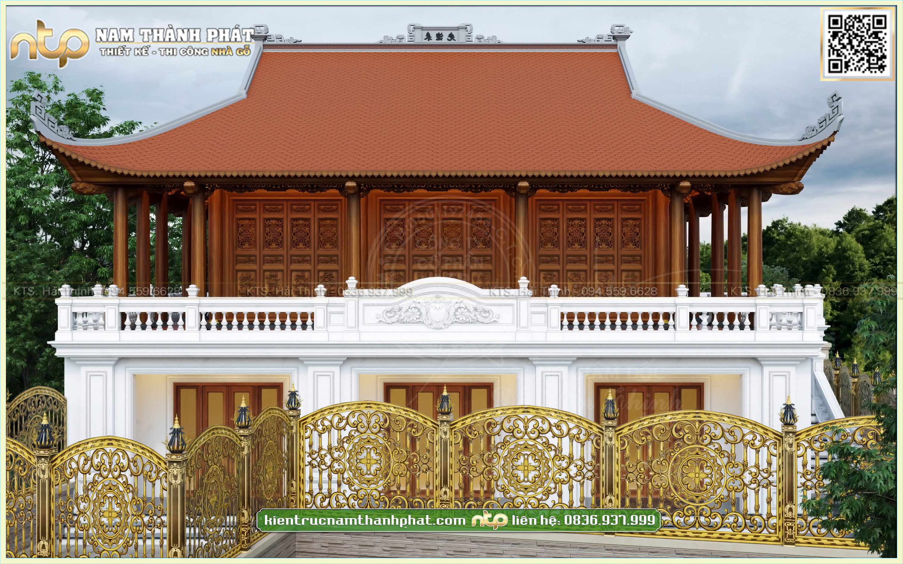 Nhà gỗ trên tầng 2 - Mẫu nhà gỗ 3 gian 4 mái cùng cổng nhôm đúc sang trọng