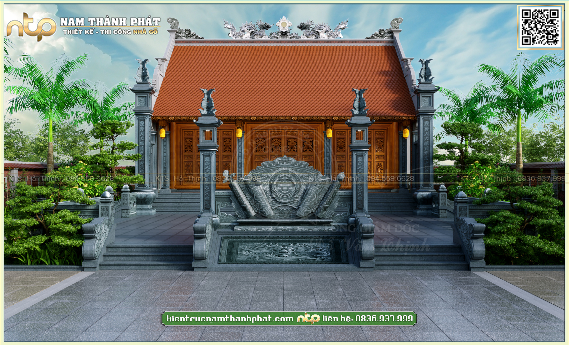 Nhà gỗ 3 gian cột hiên đá | Mẫu từ đường thờ cúng dòng tộc | Nam Thành Phát