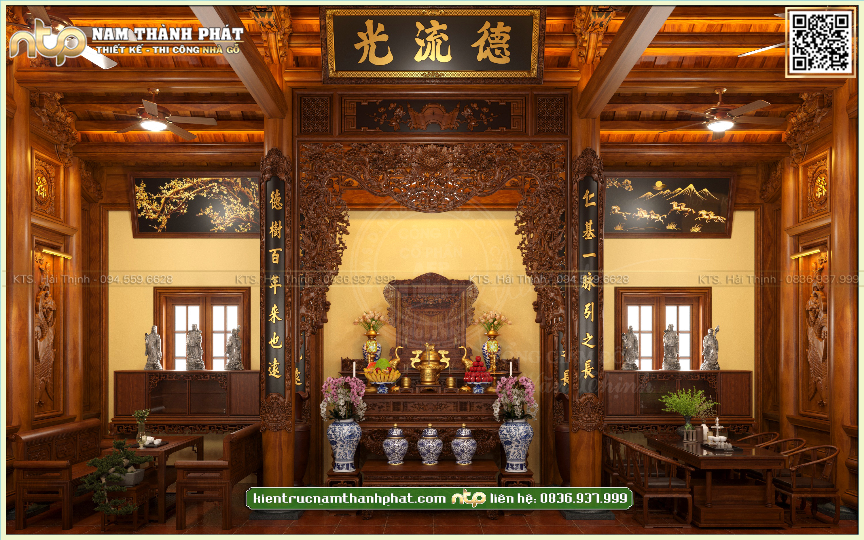 Nội thất nhà gỗ 3 gian - Không gian thờ tự trang nghiêm kết hợp tiếp khách tiện nghi