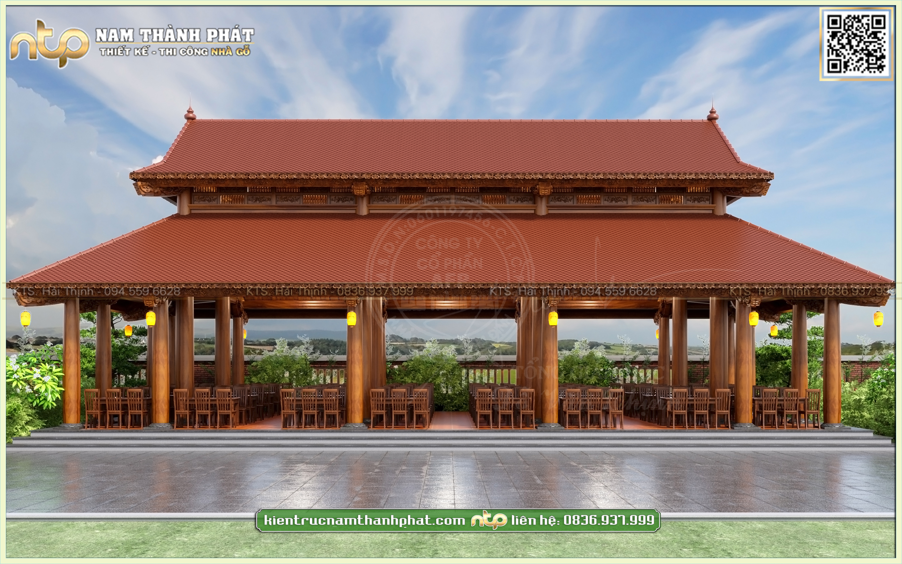 Mẫu thiết kế nhà gỗ 5 gian 2 chái chồng diêm - Nhà hàng bằng gỗ đẹp