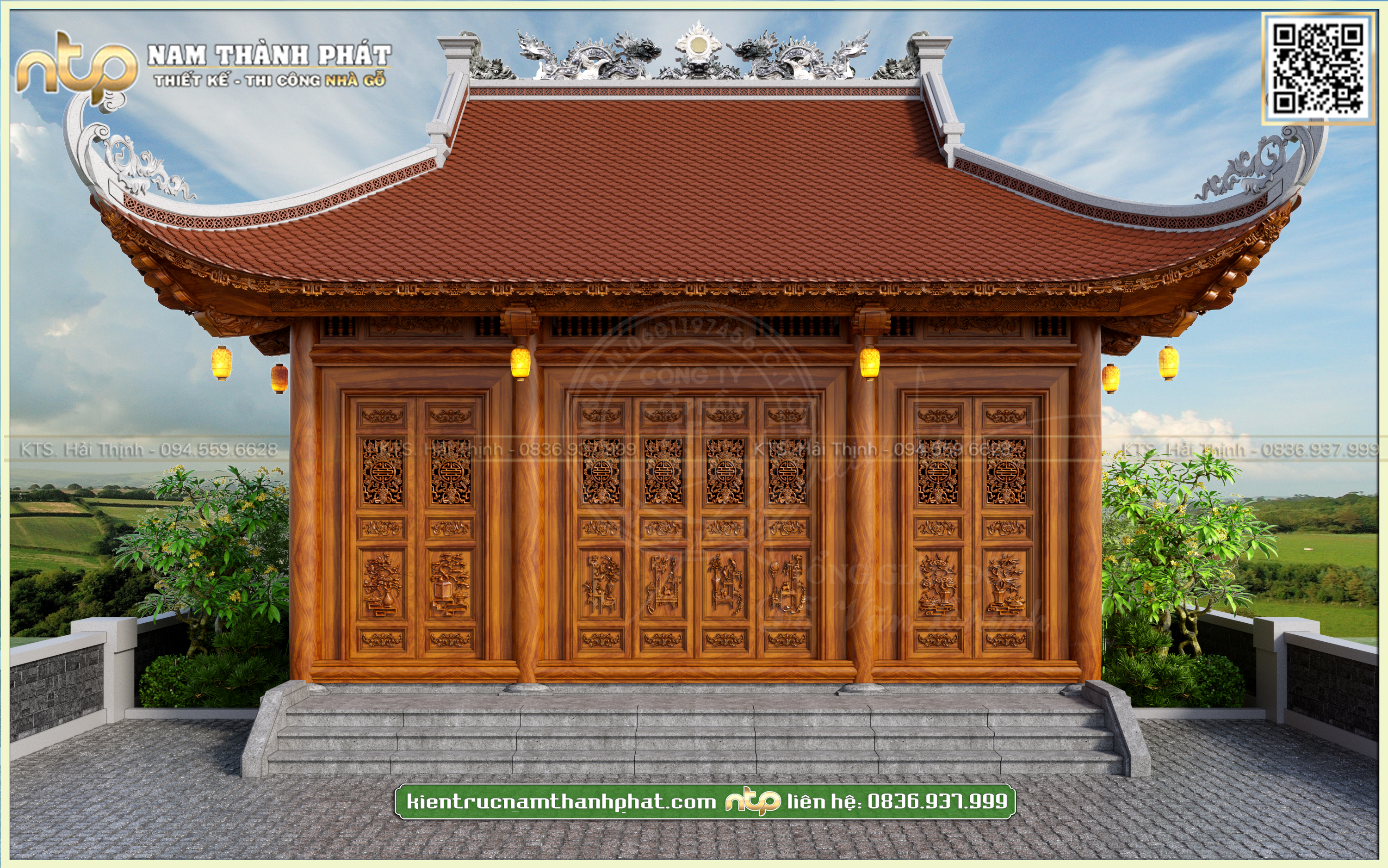 Nhà gỗ 3 gian 4 mái đao kích thước 7.5mx5.5m siêu nhỏ gọn | Nam Thành Phát