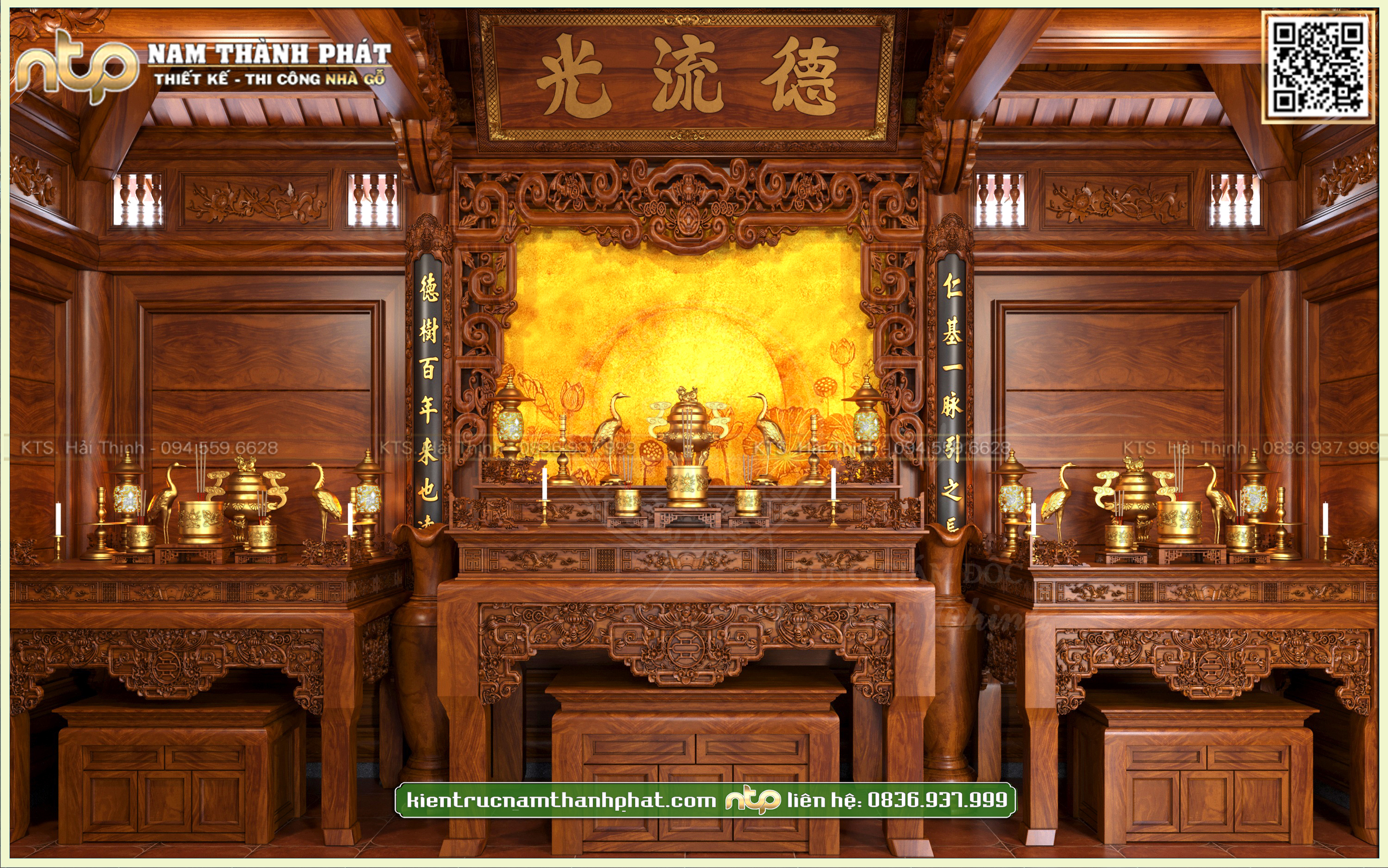 Nội thất nhà gỗ 3 gian 4 mái đao truyền thống - Không gian thờ cúng linh thiêng của gia chủ tại Hà Nội