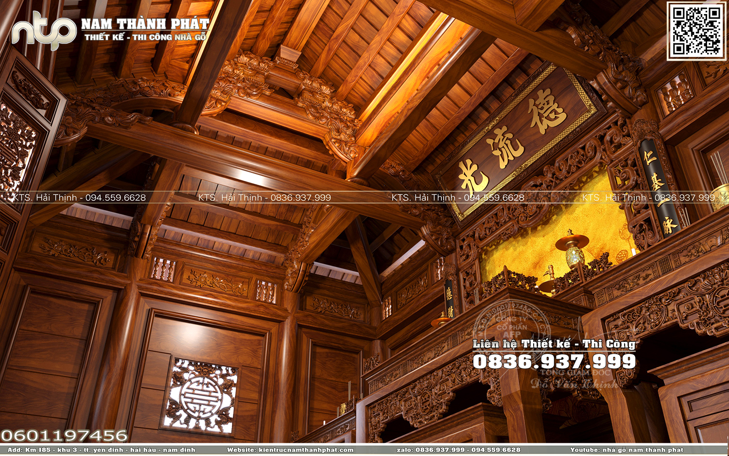 Nội thất nhà gỗ 3 gian 4 mái đao truyền thống - Không gian thờ cúng linh thiêng của gia chủ tại Hà Nội