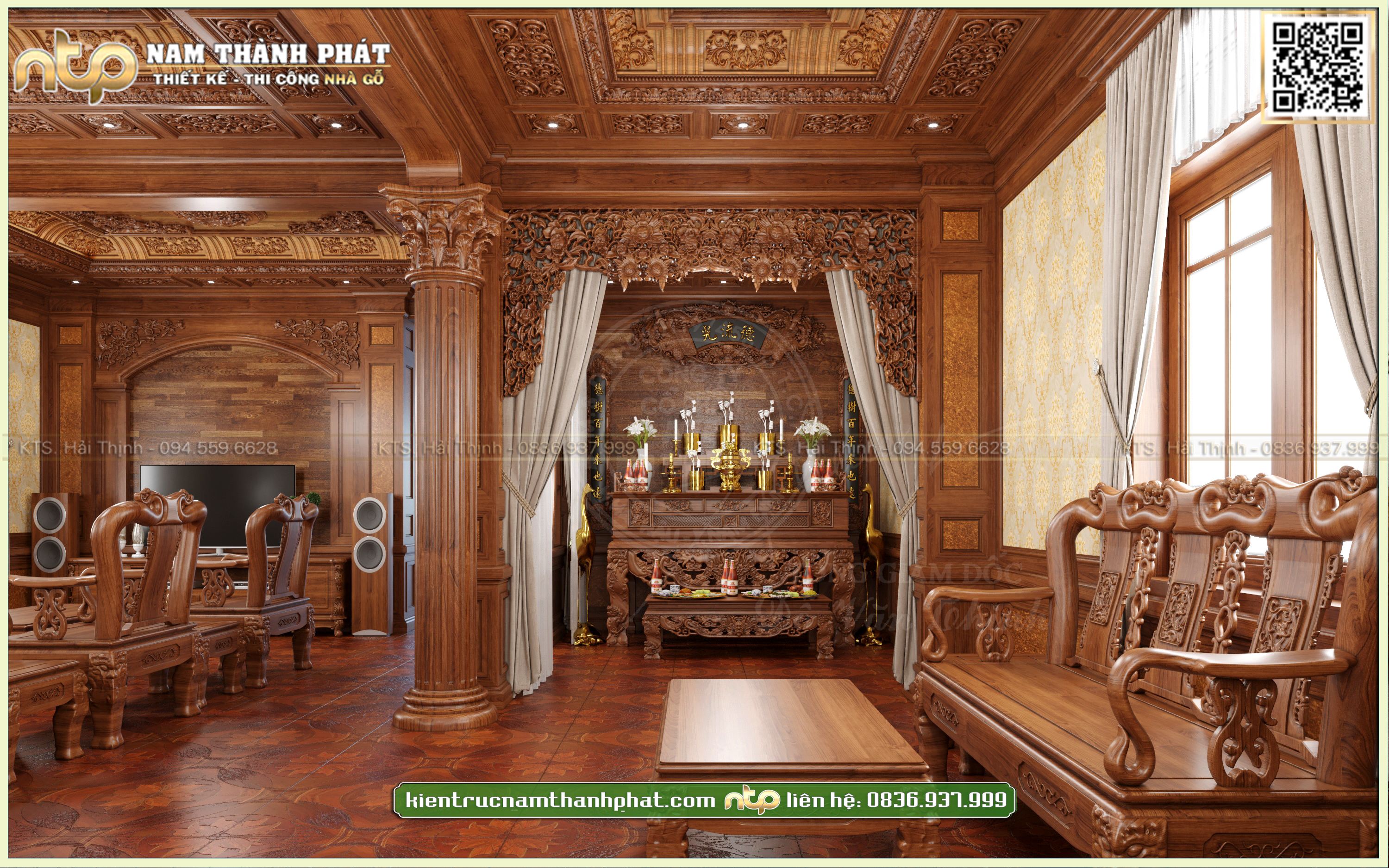 Thiết kế phòng thờ truyền thống kết hợp phòng khách đẹp tinh tế sang trọng