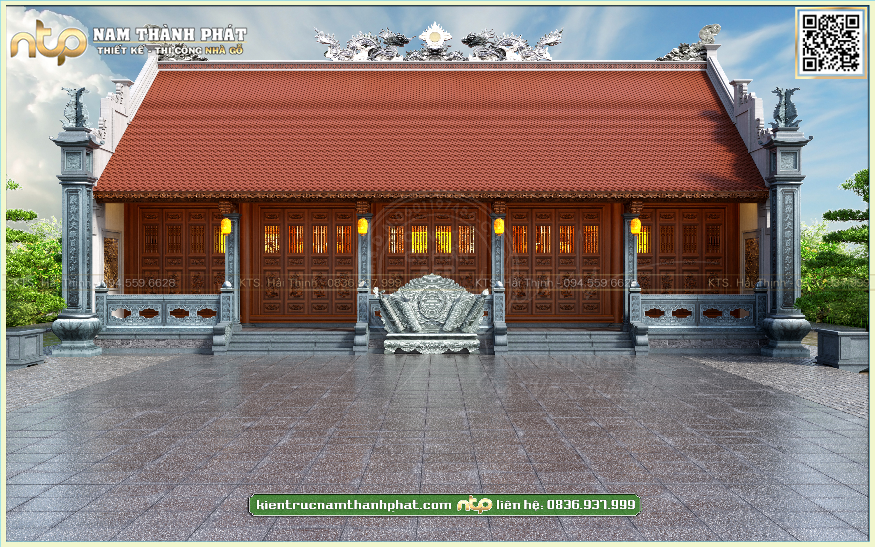 Nhà thờ gỗ 5 gian cột hiên đá - Mẫu nhà gỗ 5 gian chữ Nhị đẹp