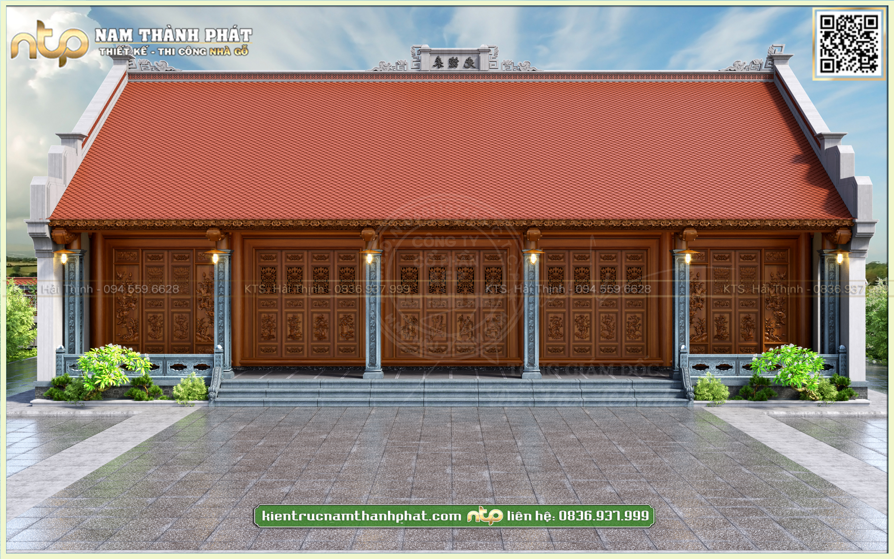 Mẫu thiết kế nhà gỗ 5 gian 22 cột gỗ Lim - Nhà gỗ 5 gian thông hiên cột hiên đá đẹp | Nam Thành Phát