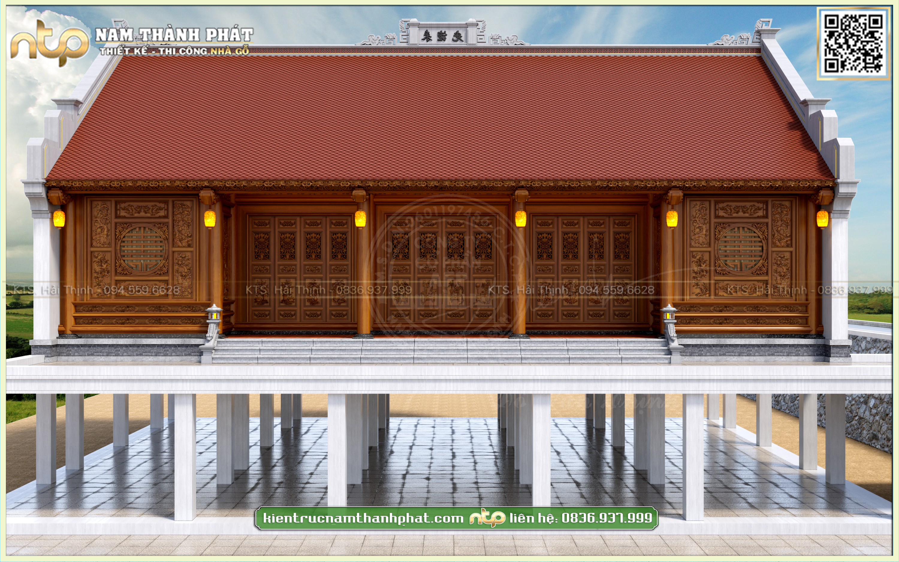 Nhà gỗ trên tầng 2 - Mẫu nhà gỗ lim 5 gian 2 buồng ngủ có hậu cung tại Nam Định | kientrucnamthanhphat.com