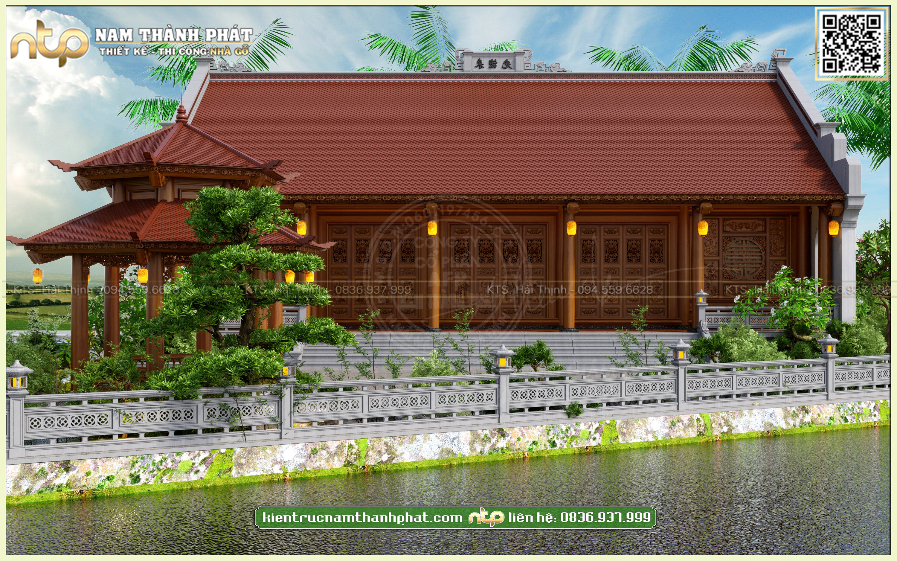 Thiết kế nhà gỗ cổ truyền 5 gian kết hợp chòi gỗ cùng không gian sân vườn đẹp | Nam Thành Phát 0836937999
