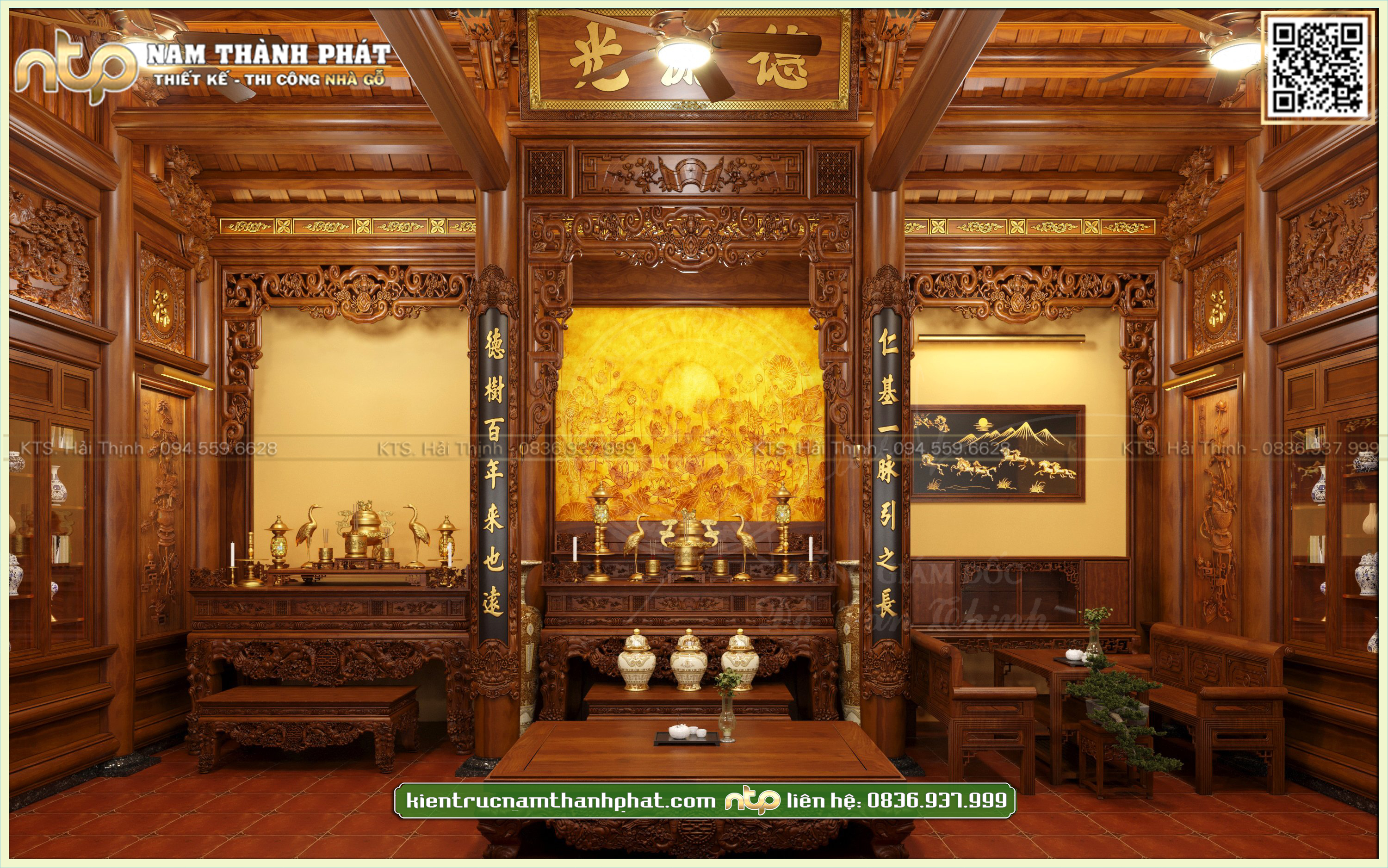 Mẫu thiết kế nội thất nhà gỗ 5 gian thông hiên có vì thuận là tủ trưng đồ lạ mắt và sang trọng | 0836937999