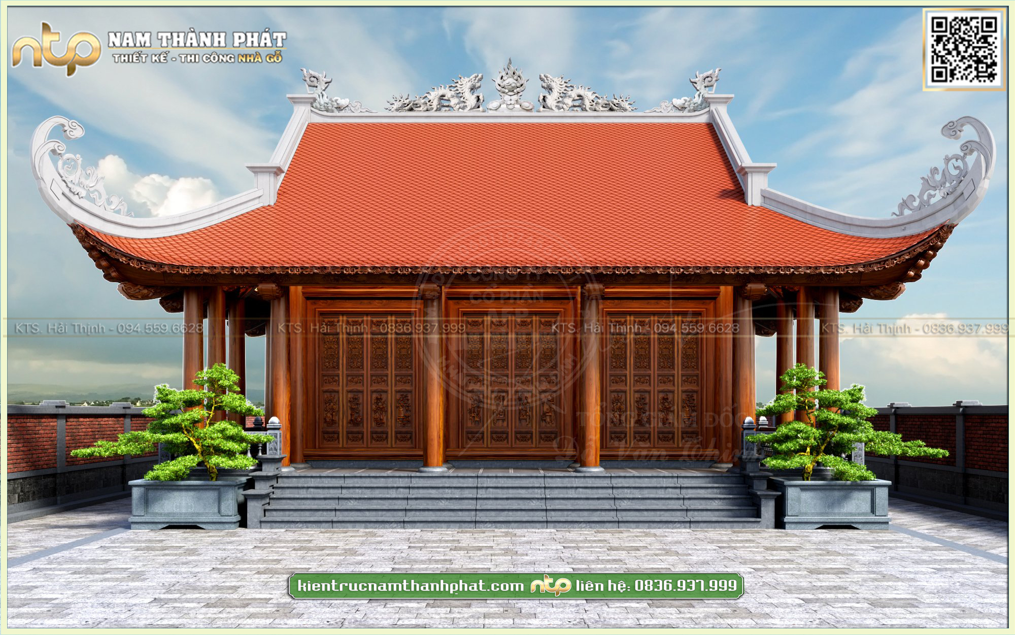 Nhà thờ họ 3 gian 4 mái đao - Mẫu nhà gỗ 3 gian có hậu cung cực uy nghiêm bề thế