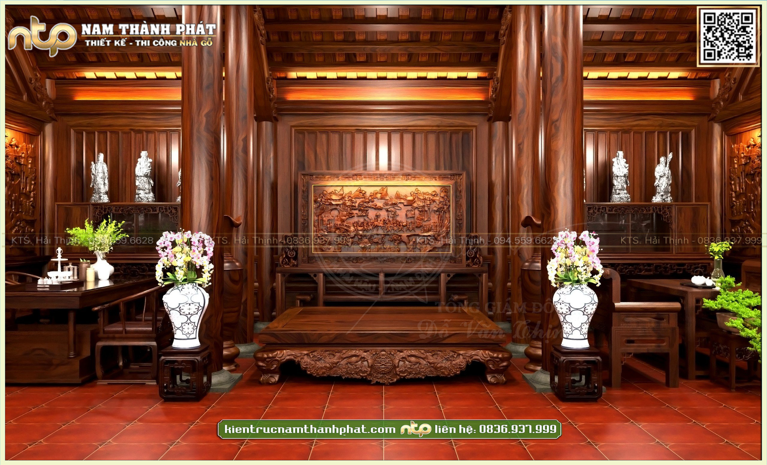 Siêu nội thất nhà gỗ 3 gian 4 mái - Mẫu nội thất nhà gỗ có vì thuận đục kênh bong