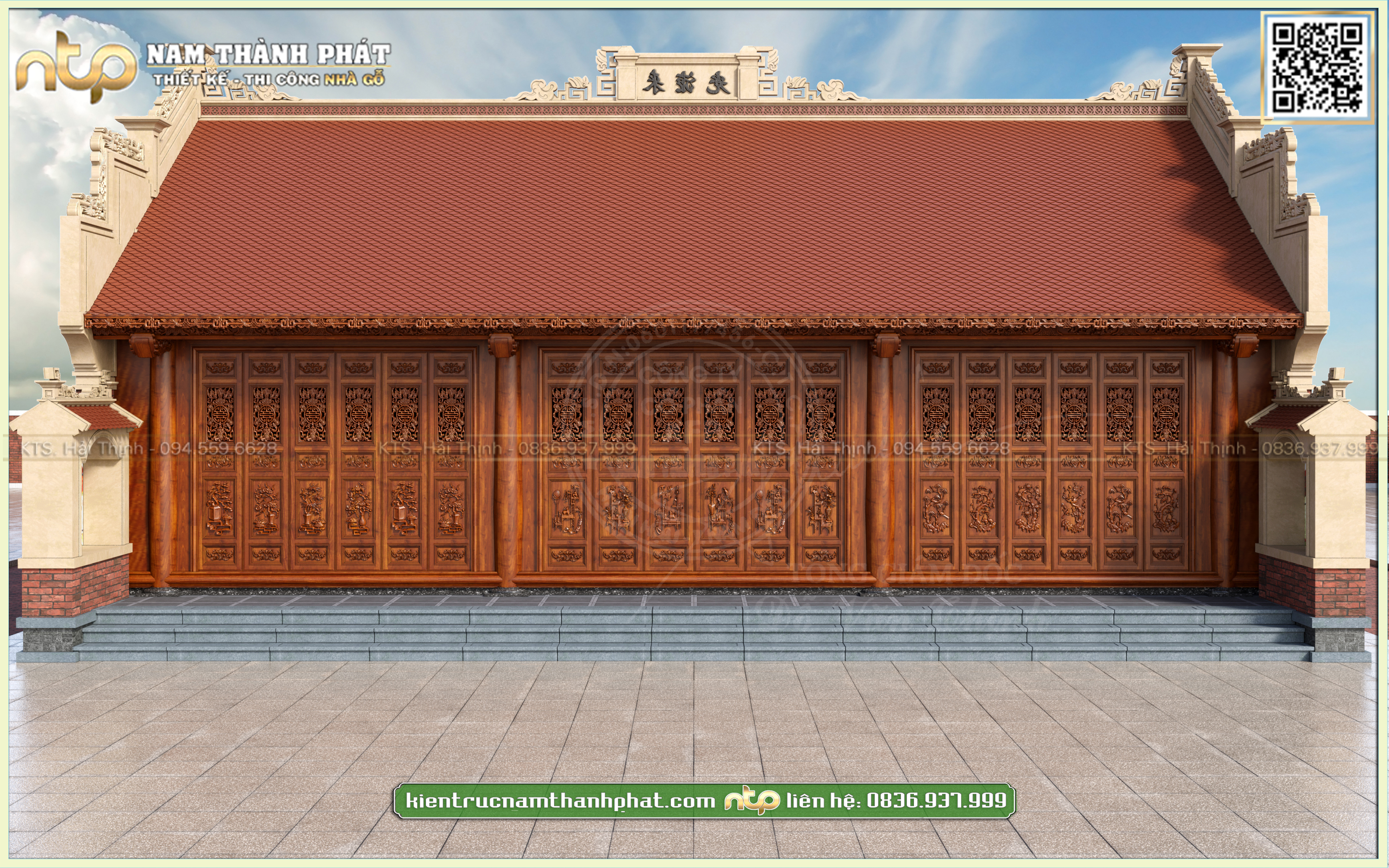 Mẫu thiết kế chùa gỗ 3 gian tại Hải Tân, Hải Hậu, Nam Định