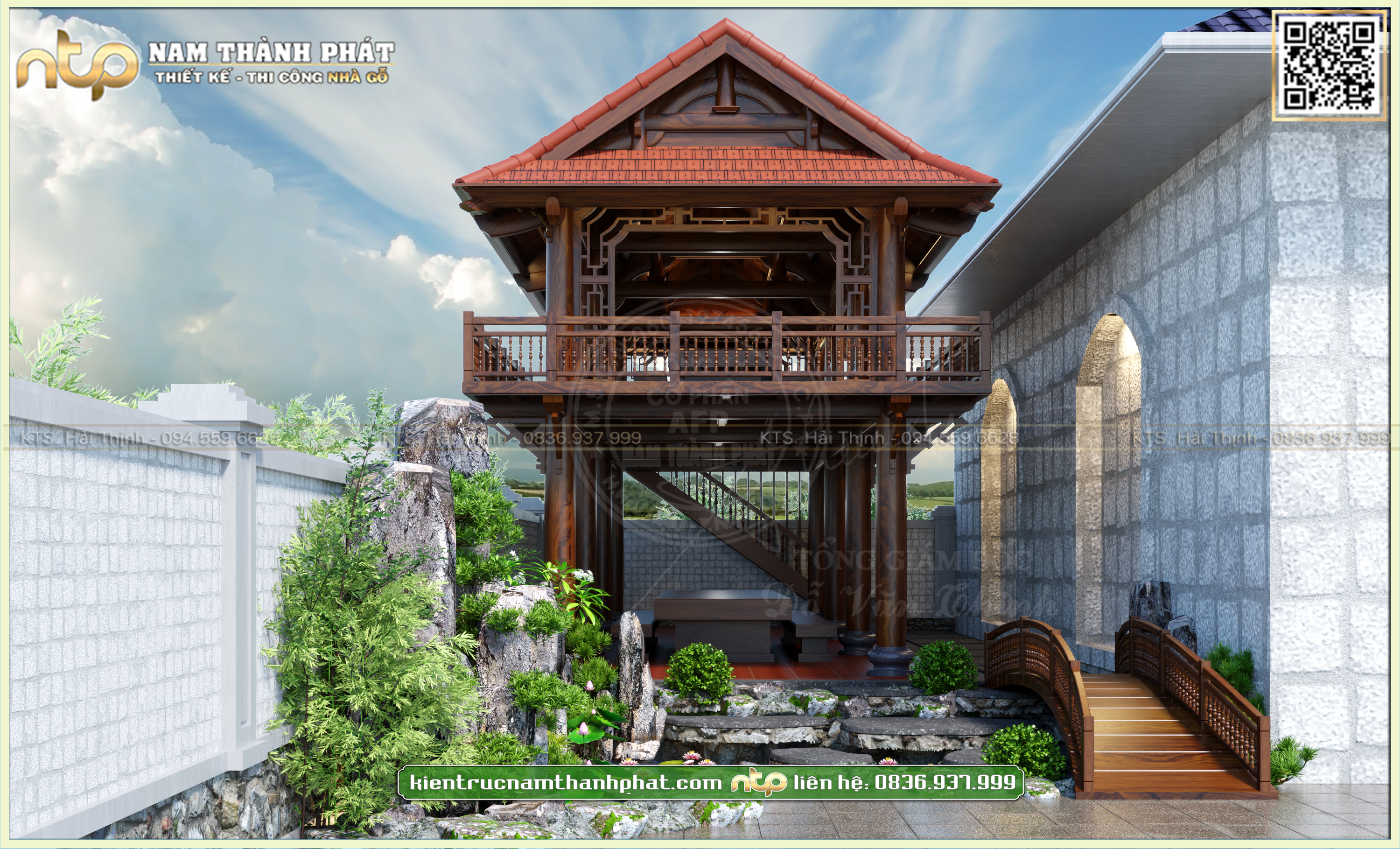 Mẫu nhà sàn gỗ 2 tầng hiện đại kết hợp hồ sen hòn non bộ đẹp