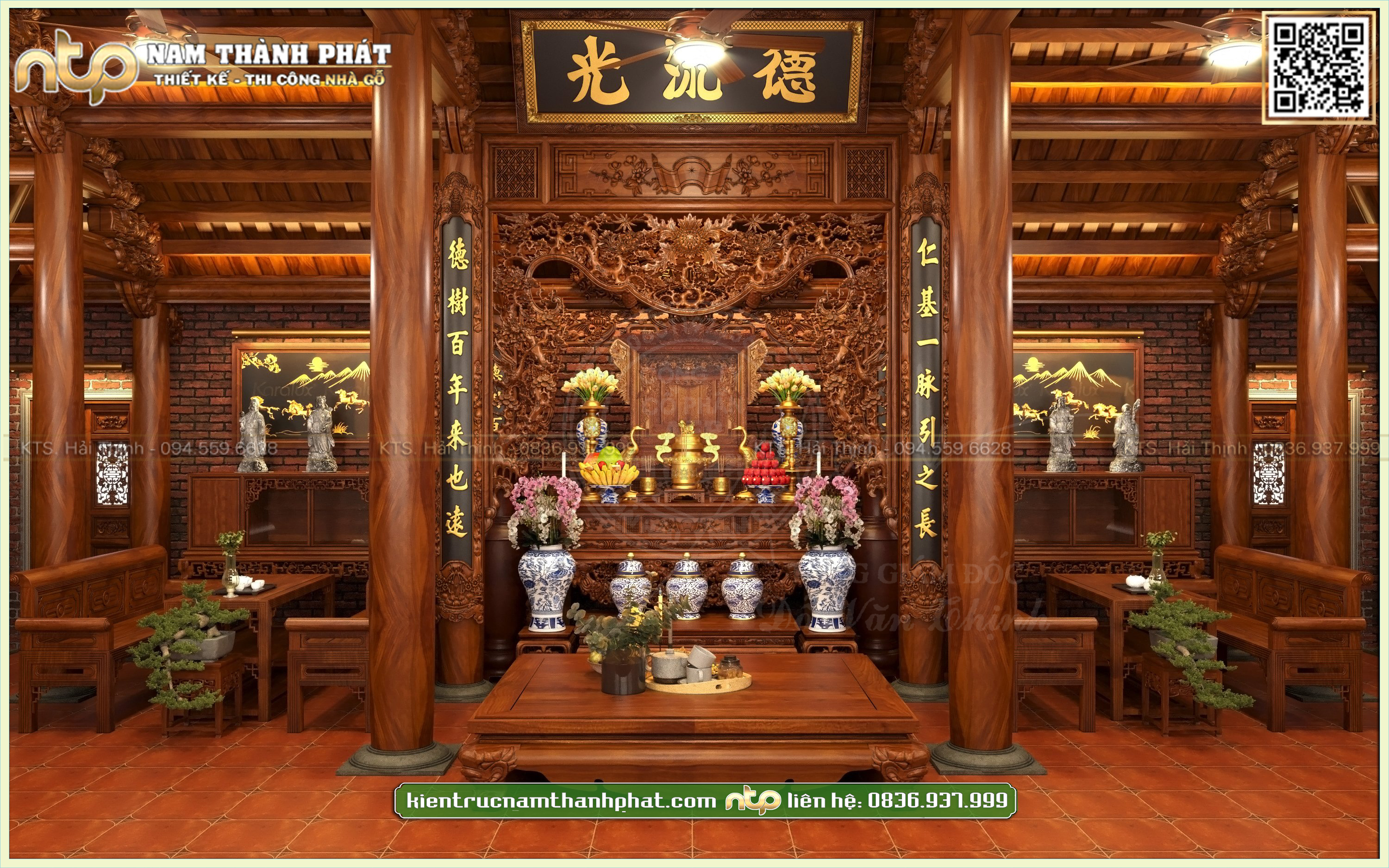 Thiết kế nội thất nhà gỗ 3 gian 2 dĩ tường ốp gạch giả cổ đẹp mê hồn