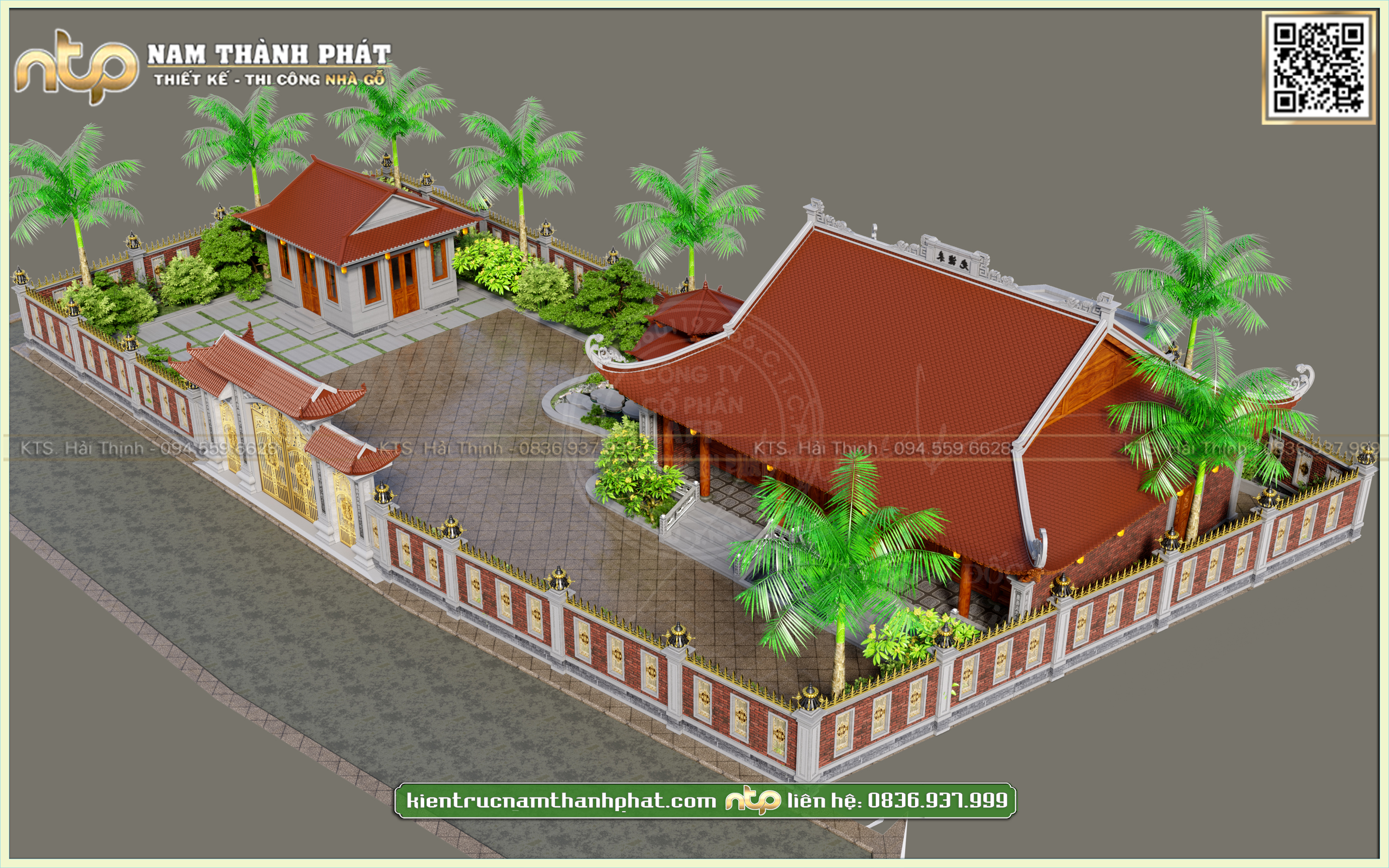 Thiết kế nhà gỗ 3 gian 4 mái đao - Mẫu nhà gỗ sân vườn chòi lục giác cùng cổng tam quan bề thế