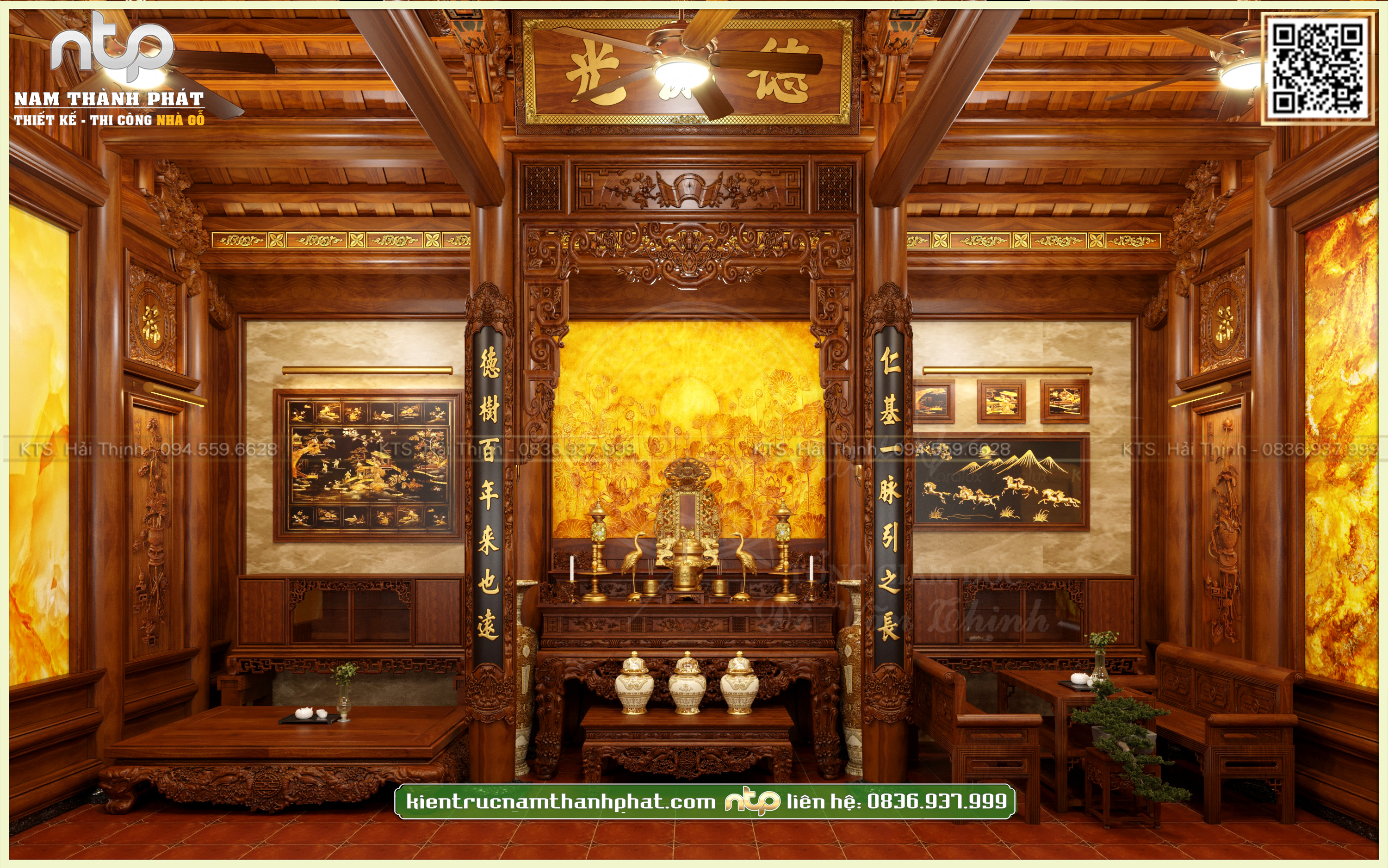 Mẫu Nội Thất Nhà Thờ Gỗ 3 Gian Truyền Thống Vách Thuận Ốp Đá Sang Trọng