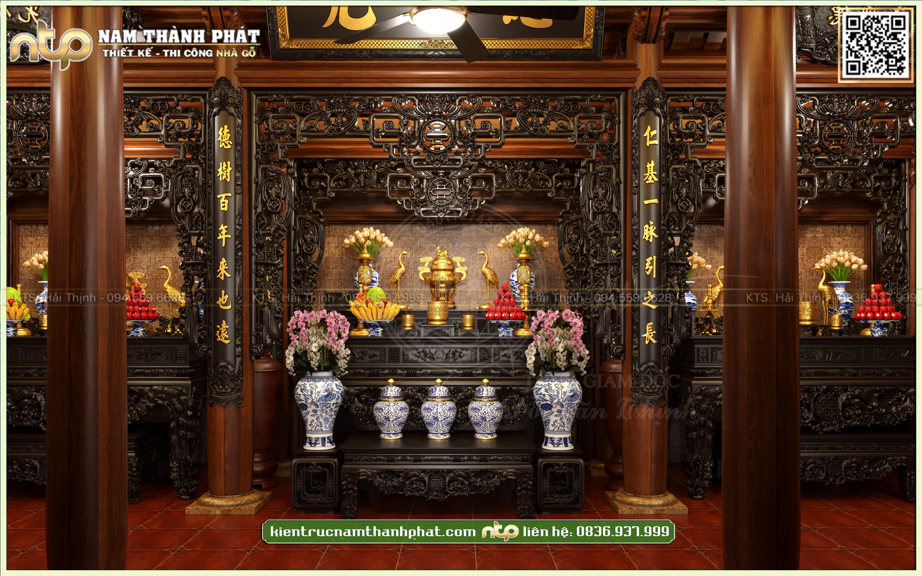 Thiết kế nội thất nhà gỗ 3 gian phong cách giả cổ vì thuận ốp đố vỏ măng đơn giản 