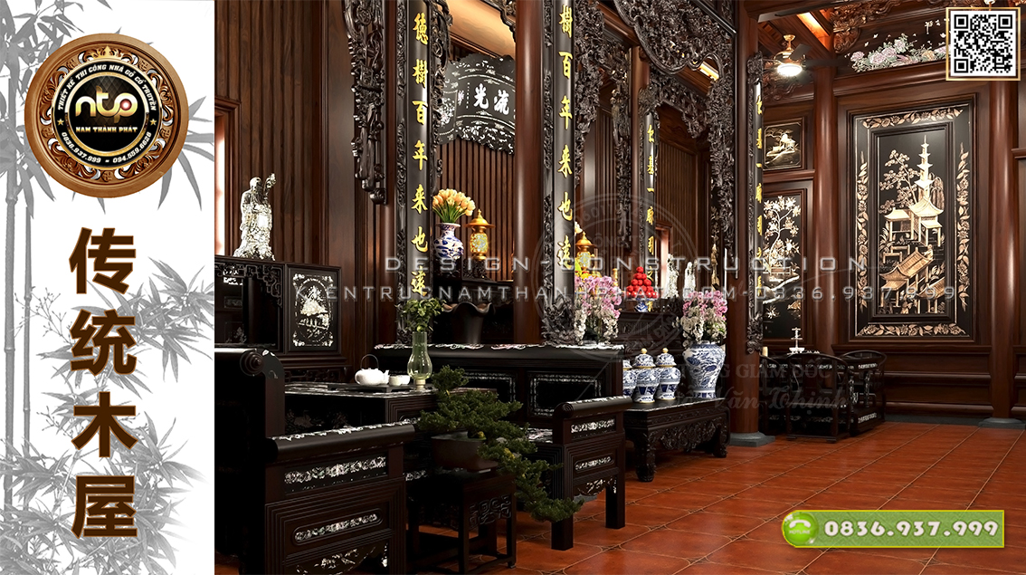 Lạ mắt với mẫu thiết kế nội thất nhà gỗ 3 gian khảm trai | Dấu ấn cổ xưa mang tinh hoa văn hóa dân tộc Việt | Nam Thành Phát