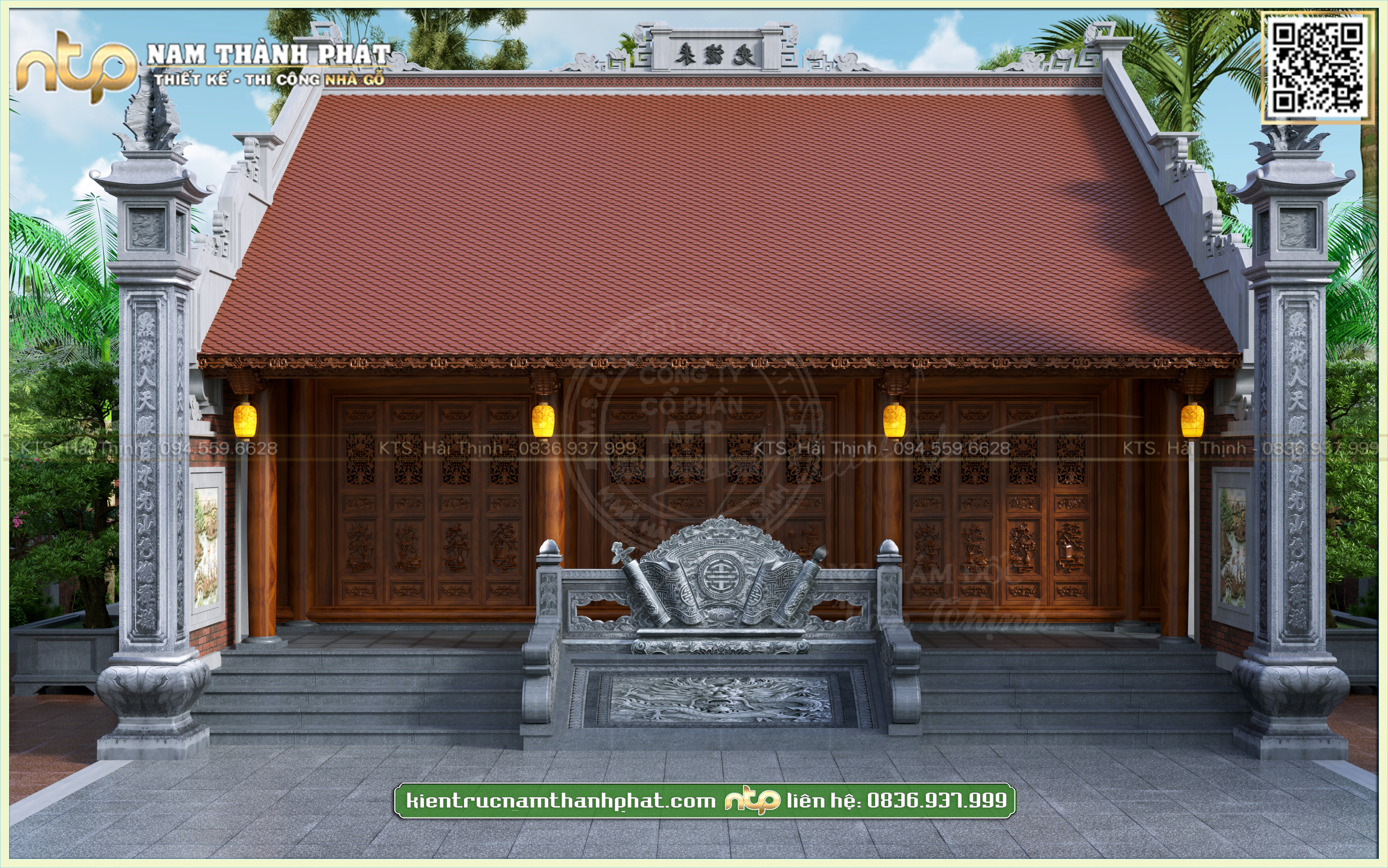 Mẫu thiết kế từ đường 3 gian 18 cột kích thước 9m1x8m1 gỗ lim Nam Phi |Nam Thành Phát