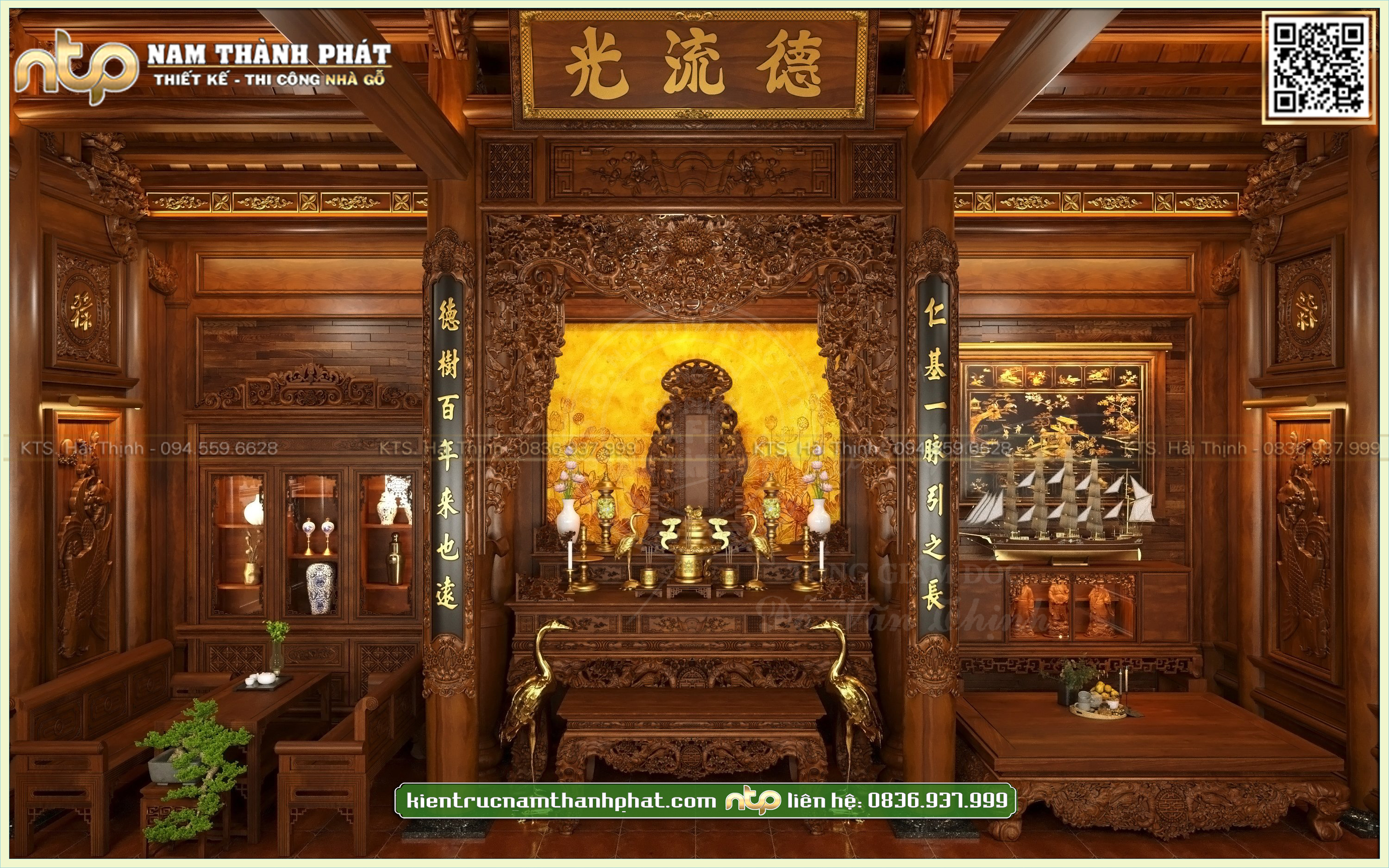 Nội thất nhà gỗ 3 gian 18 cột gỗ hương đá có vì thuận đẹp | Nam Thành Phát