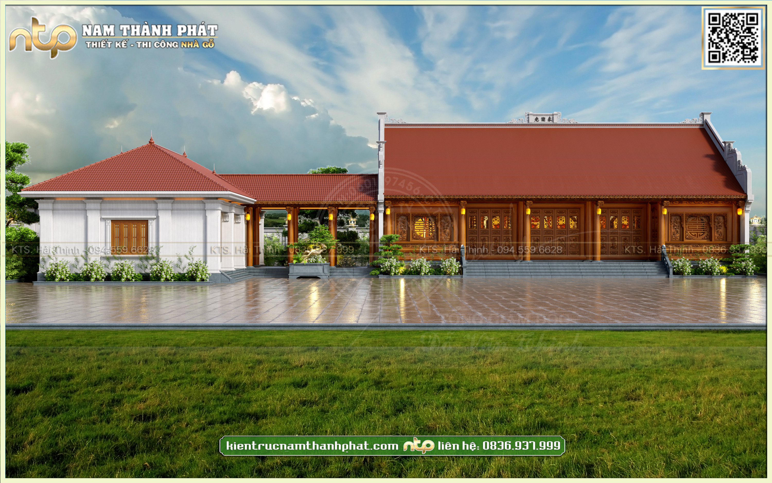 Thiết kế nhà gỗ 5 gian 22 cột 2 buồng lồi kết hợp nhà ngang tại Nghệ An