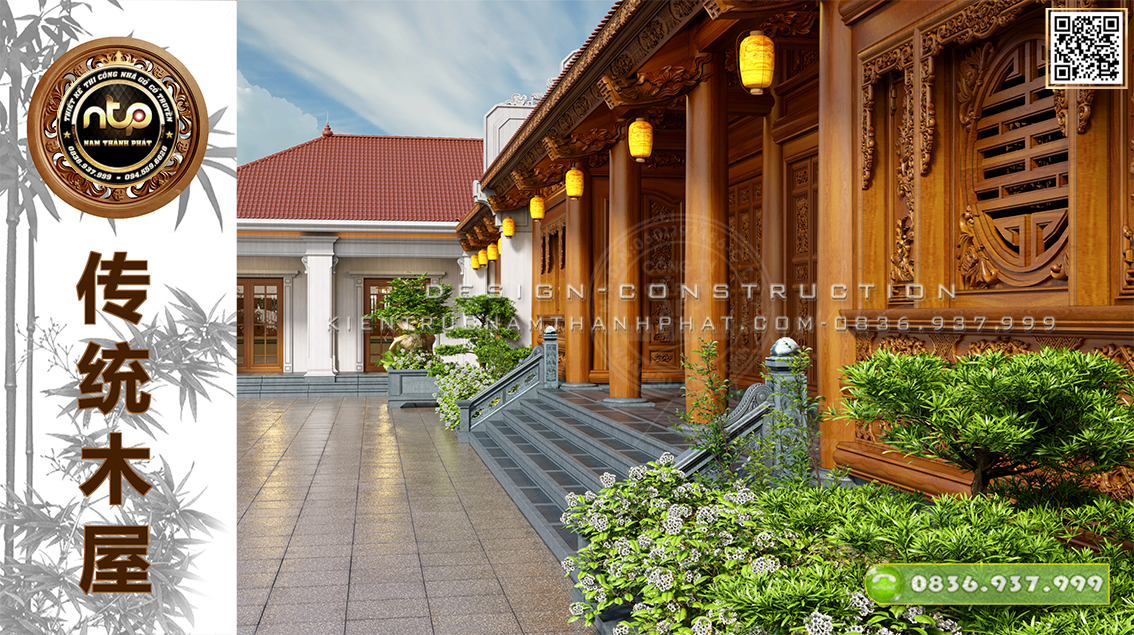 Nhà gỗ 5 gian 2 buồng lồi 22 cột đẹp - Mẫu nhà gỗ kết hợp nhà xây đẹp tại Nghệ An | 0836 937 999