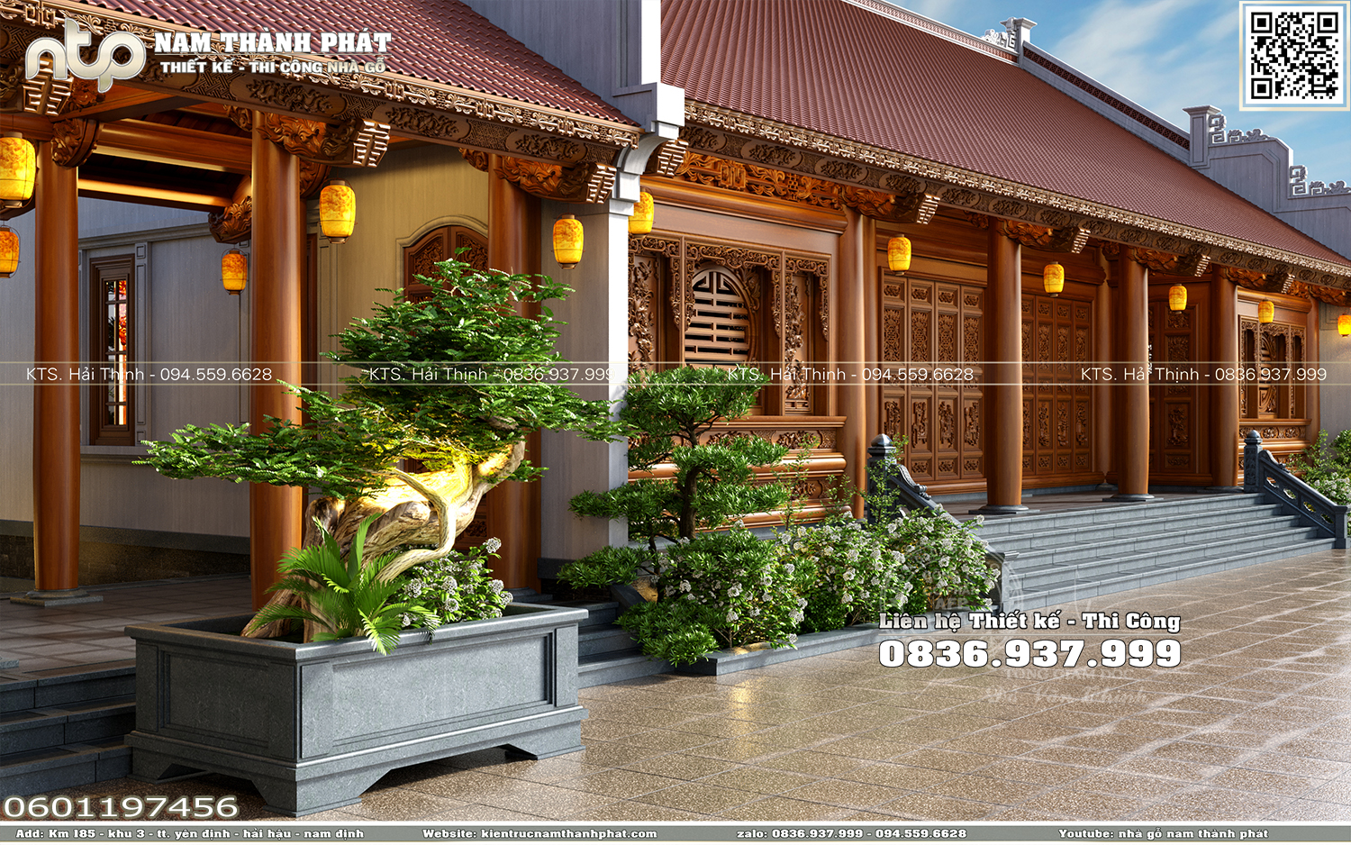 Nhà gỗ 5 gian 2 buồng lồi 22 cột đẹp - Mẫu nhà gỗ kết hợp nhà xây đẹp tại Nghệ An