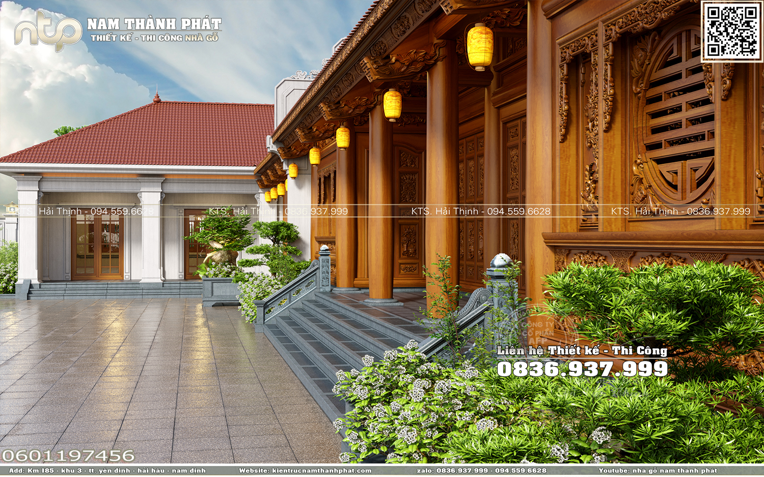 Nhà gỗ 5 gian 2 buồng lồi 22 cột đẹp - Mẫu nhà gỗ kết hợp nhà xây đẹp tại Nghệ An